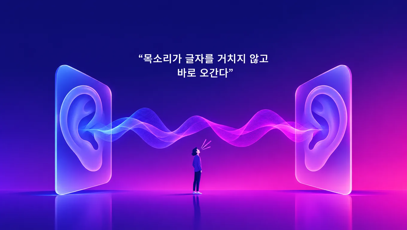 귀 모양의 유리 패널 두 개가 마주 보고 소리 파형을 주고받는 장면으로 실시간 음성 대화 모델을 나타낸 일러스트