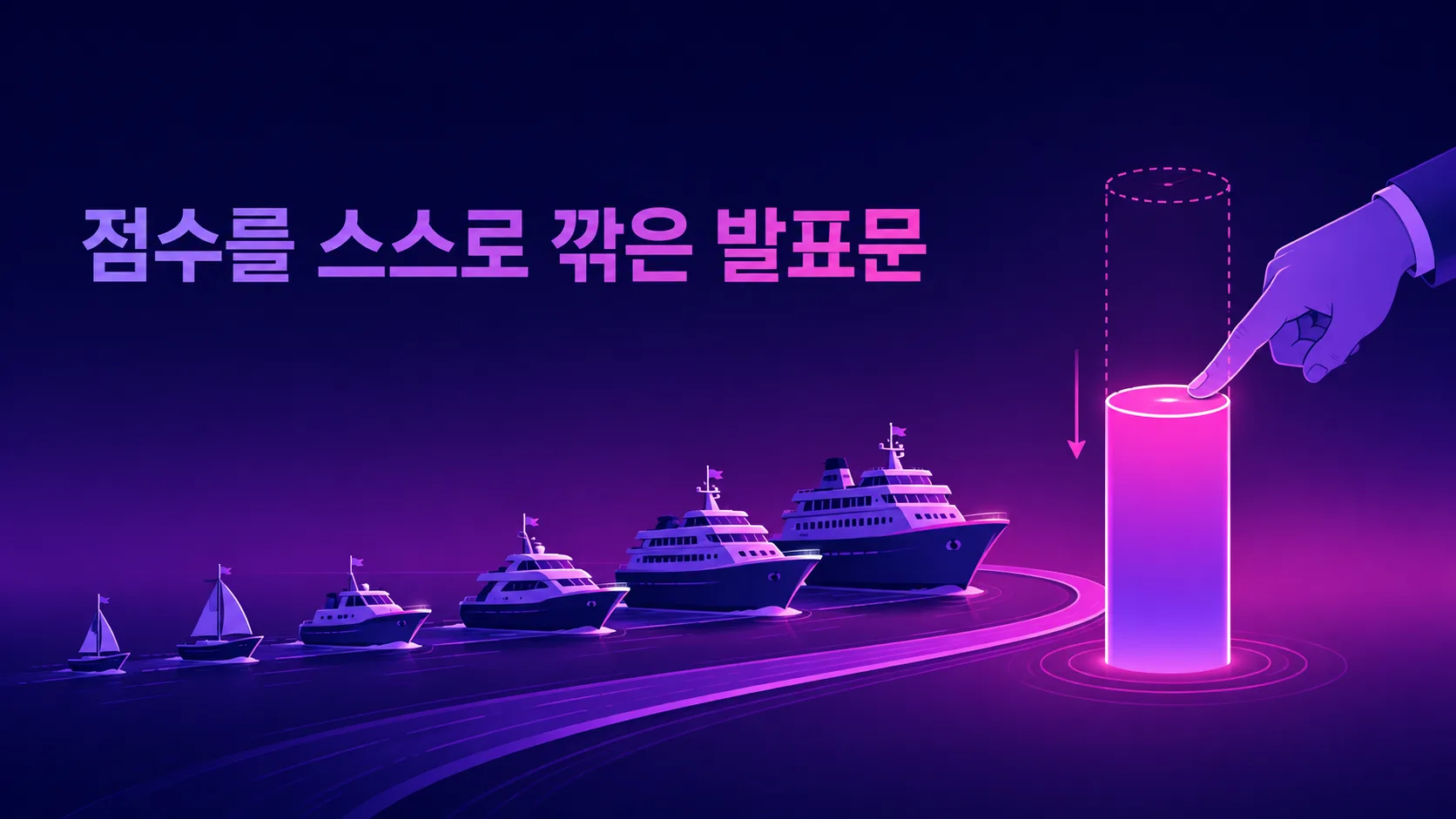 여섯 척의 배가 하나의 항로를 따라 나란히 나아가고, 그 옆에서 손 하나가 점수판의 숫자를 스스로 낮추는 구조를 나타낸 일러스트