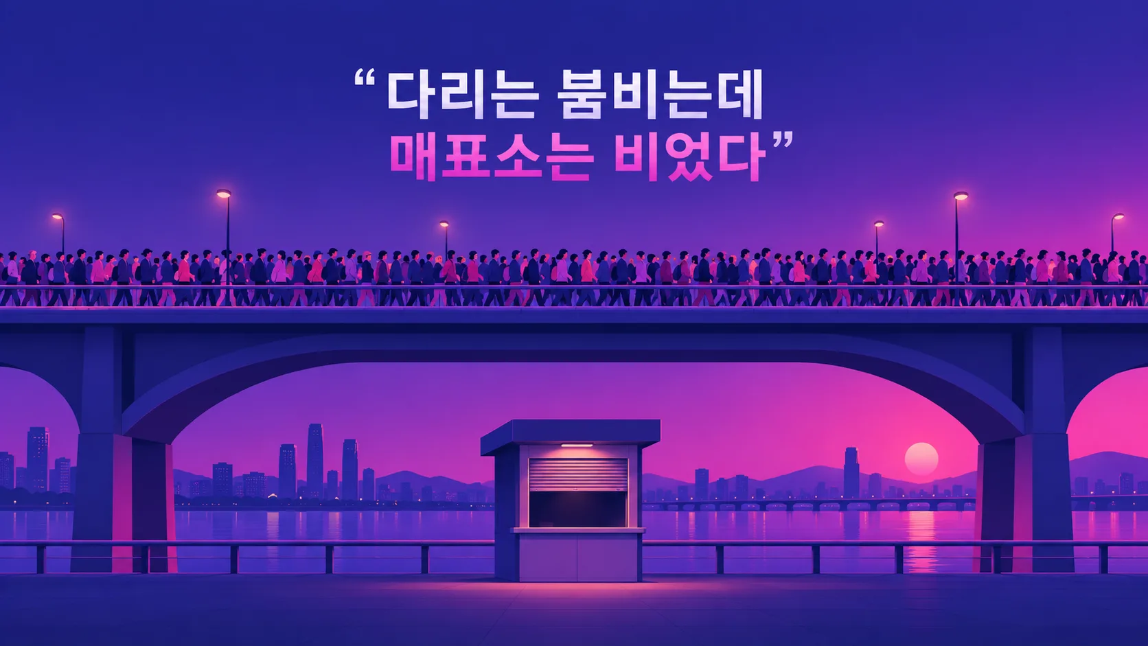 사람들로 붐비는 거대한 다리 아래에서 통행료 부스만 텅 비어 있는 구조를 나타낸 일러스트